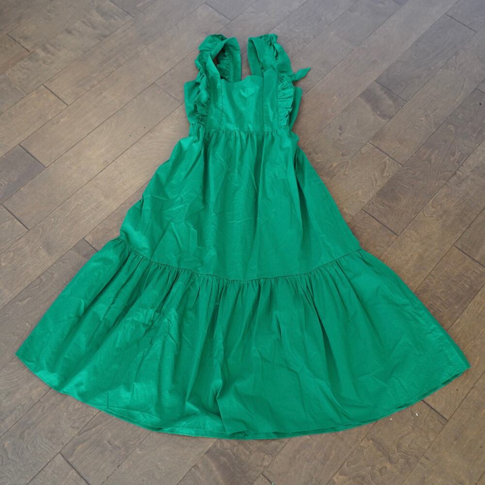 Wyatt Wylde Kelly Green Cotton Ruffle Strap Tiered Midi Tie Back Dress L